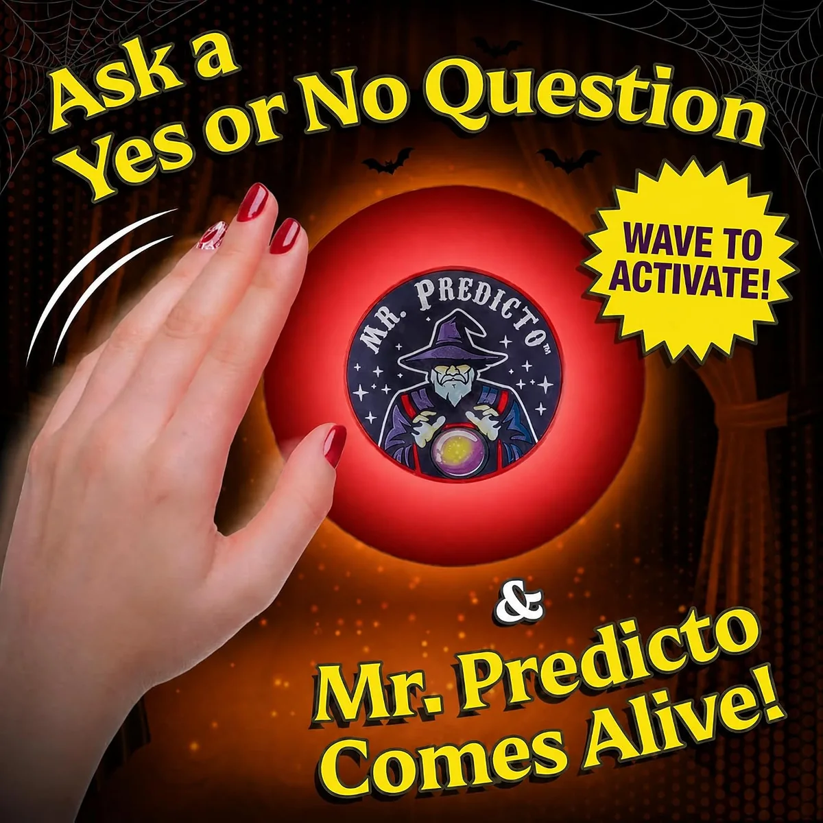 A hand waving over Mr. Predicto to activate him